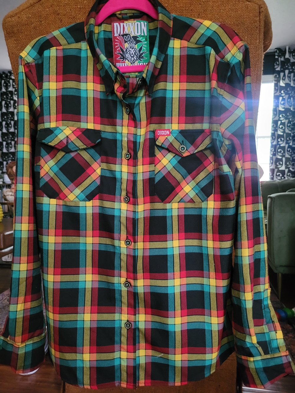 DIXXON KUSH Black Plaid Button-Down Shirt with Yellow, Red and Teal Stripes